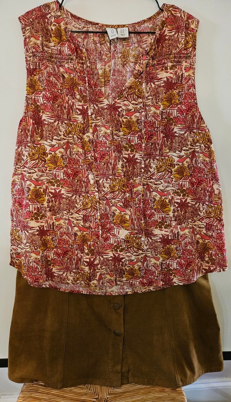joie Linen XL Blouse & Camel Faux Suede Mini Skirt 40W xhilaration Lined -C70-